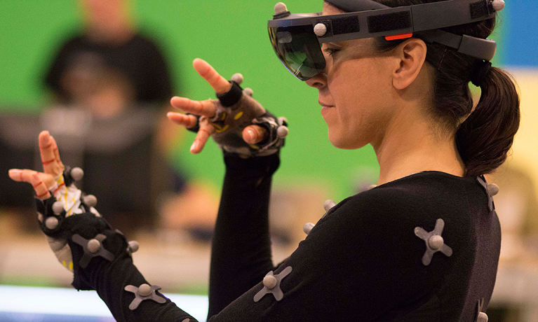 Image of Rosa Cisneros wearing motion capture equipment. This image is from the Wholodance project motion capture session.